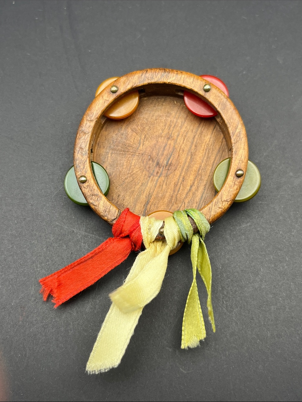 Mid century tambourine brooch bakelite and wood vintagr
